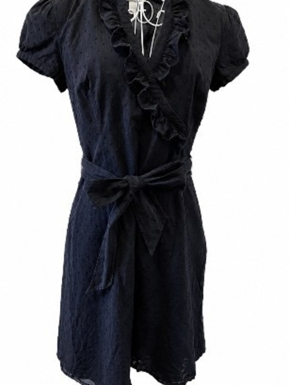 Office Baby Shower Ready LOFT Black Ruffle Wrap Button Texture Dress